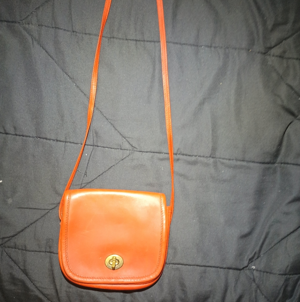 Tangerine small Genuine leather cross body purse.long enough strap.Suede inside
